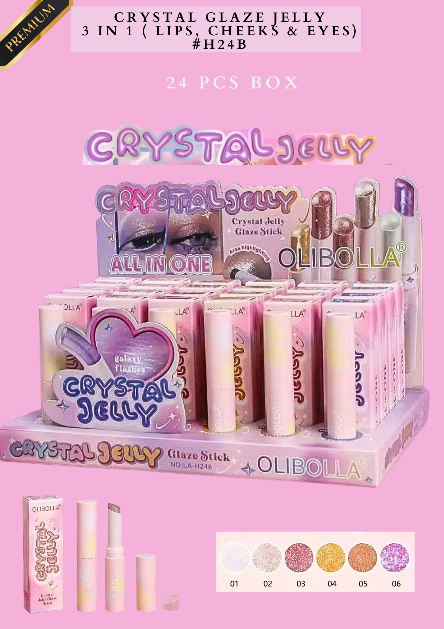 CRYSTAL GLAZE JELLY 3 IN 1 ( LIPS, CHEEKS & EYES) # H24B (24 PCS BOX)