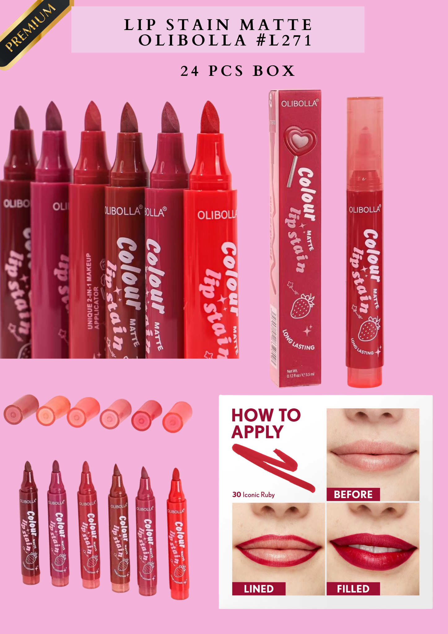 LIP STAIN MATTE OLIBOLLA #L271-( 24 PCS BOX) - Korean style lip tint