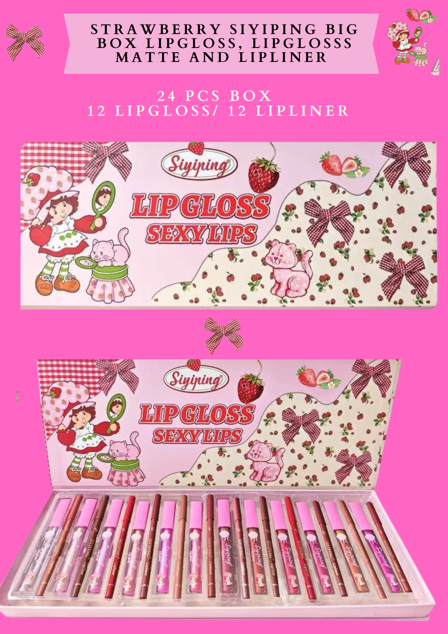 STRAWBERRY SIYIPING BIG BOX LIPGLOSS, LIPGLOSSS MATTE AND LIPLINER (24 PCS BOX 12 LIPGLOSS/ 12 LIPLINER)