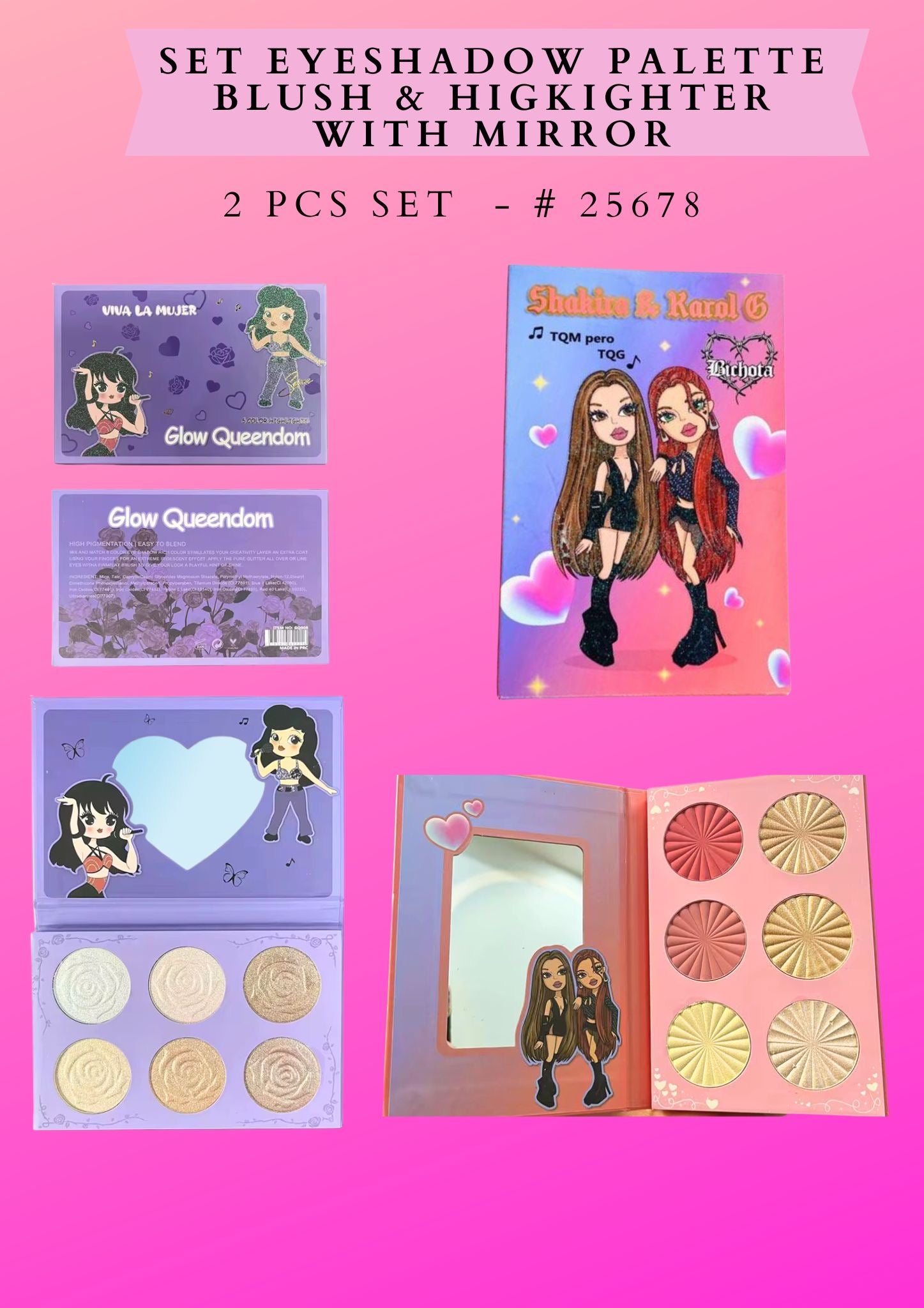 SET EYESHADOW PALETTE BLUSH & HIGKIGHTER WITH MIRROR 2 PCS SET - # 25678