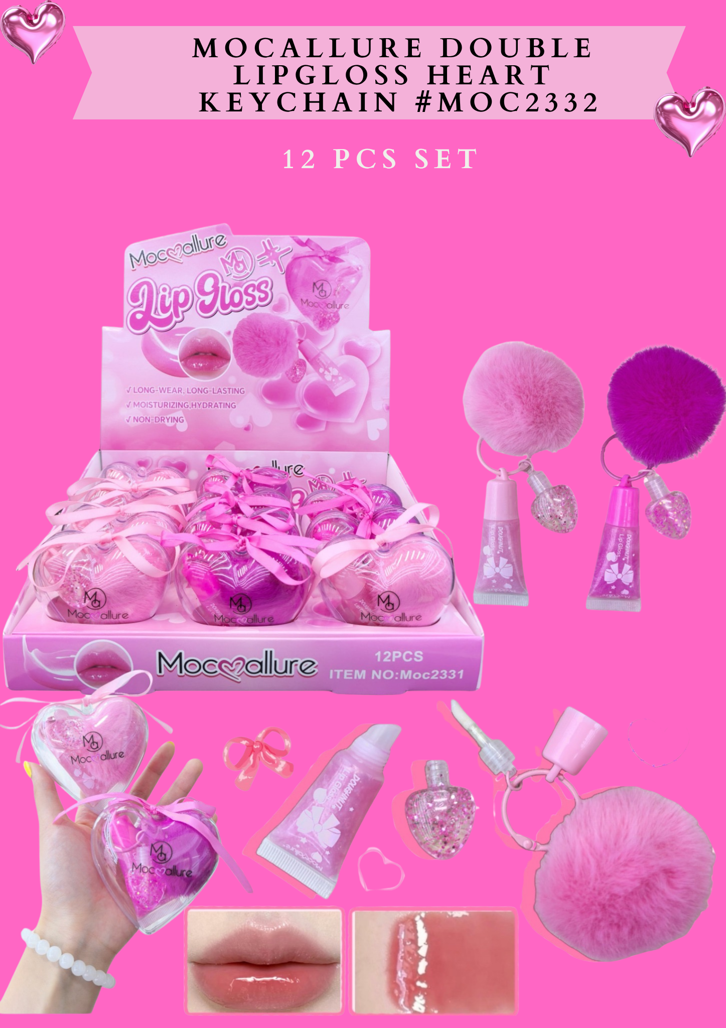 MOCALLURE DOUBLE LIPGLOSS HEART KEYCHAIN #MOC2332( 12 PCS SET)
