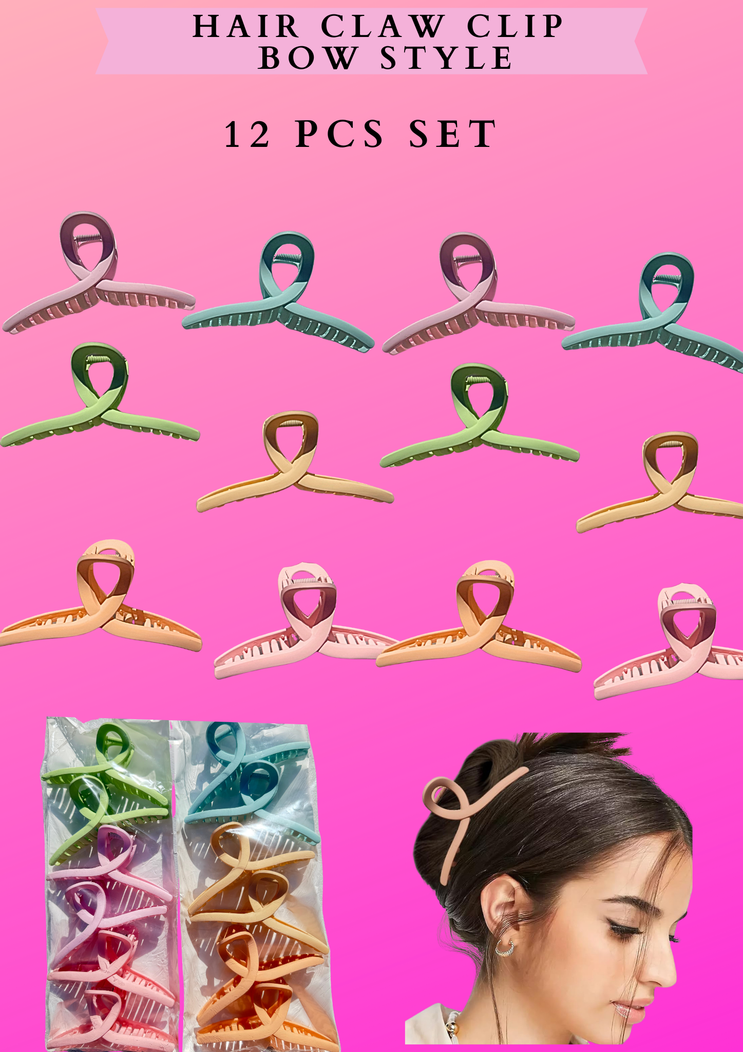 HAIR CLAW CLIP BOW STYLE - 12 PCS SET