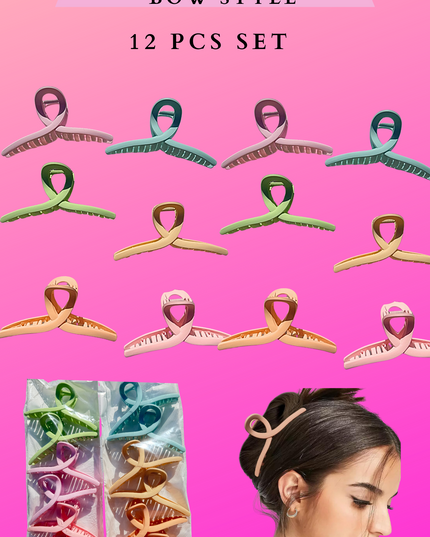 HAIR CLAW CLIP BOW STYLE - 12 PCS SET
