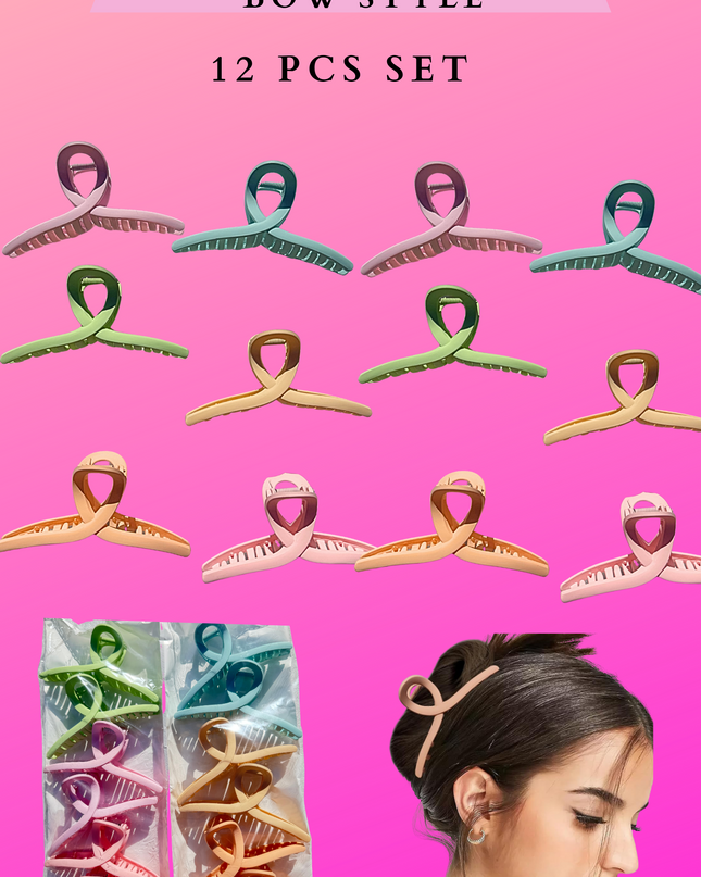 HAIR CLAW CLIP BOW STYLE - 12 PCS SET