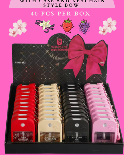FRAGANCE MIST PERFUME WITH CASE AND KEYCHAIN STYLE BOW-  40 PCS PER BOX