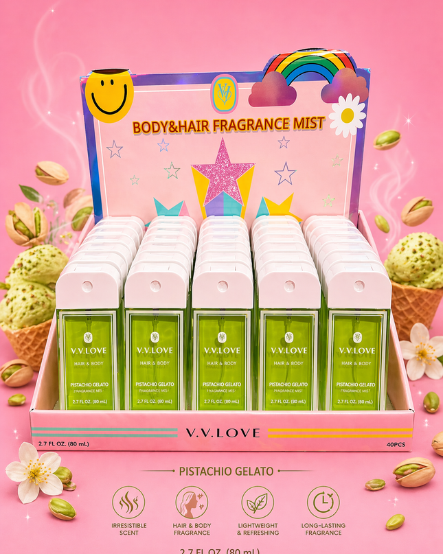 PISTACHIO GELATO- BODY & HAIR FRAGRANCE MIST - Vv love ( 40 pcs box ) 80 ml per each