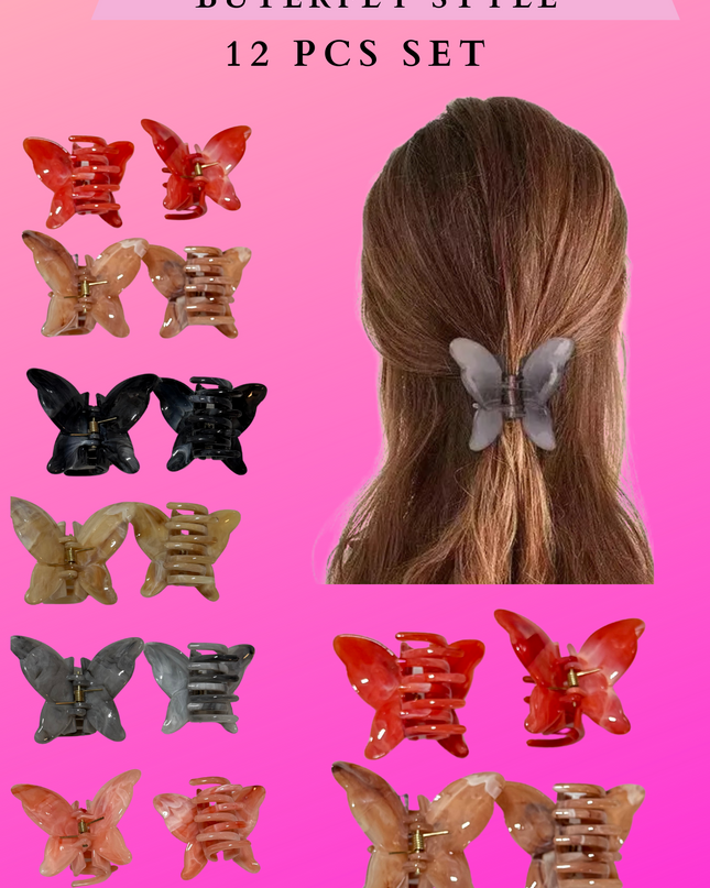 HAIR CLAW CLIP BUTERFLY STYLE-  12 PCS SET