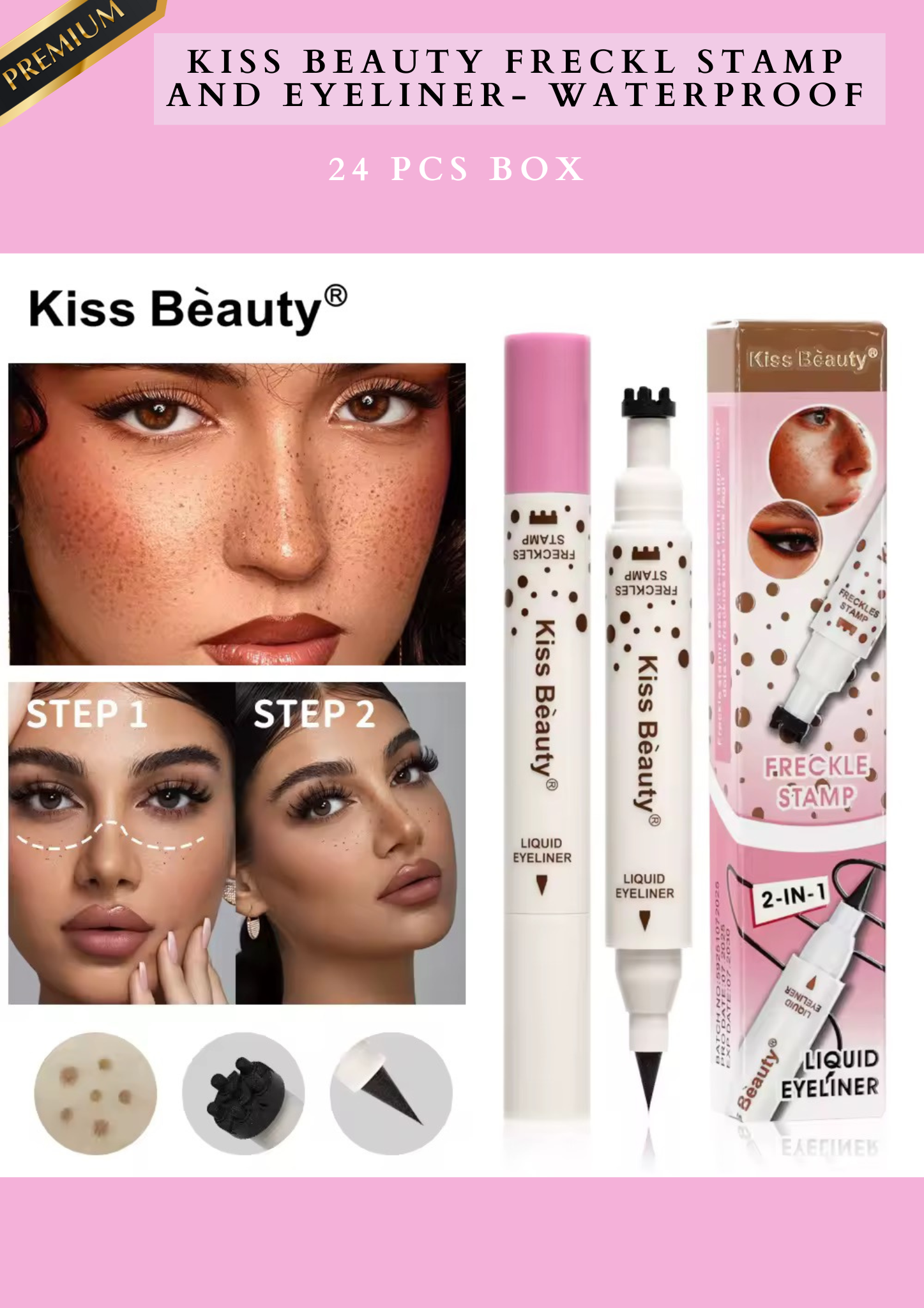 KISS BEAUTY 2 in 1 FRECKLE STAMP & EYELINER- WATERPROOF- 24 PCS BOX
