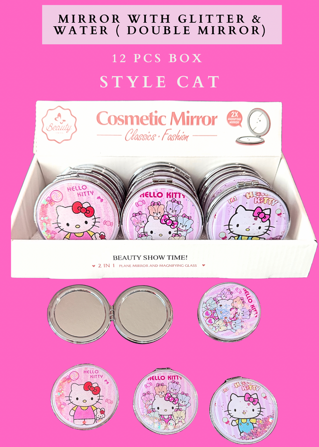 MIRROR WITH GLITTER & WATER ( DOUBLE MIRROR) - 12 PCS BOX STYLE CAT