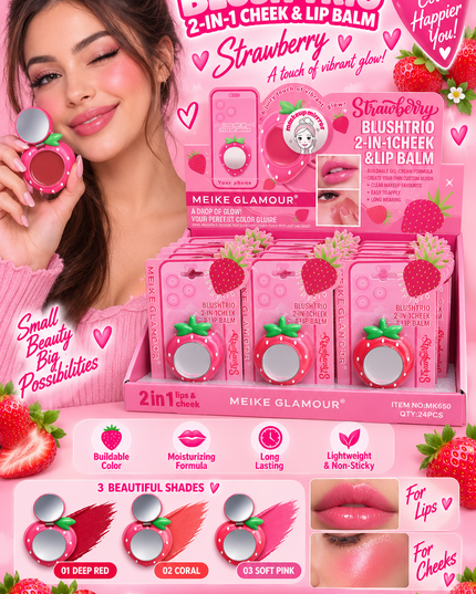 BLUSH-TRIO CHEEK & LIPS  -STICK IT TO YOUR PHONE -MEIKE GLAMOUR-STRAWBERRY -24 PCS -MK653-(L35)