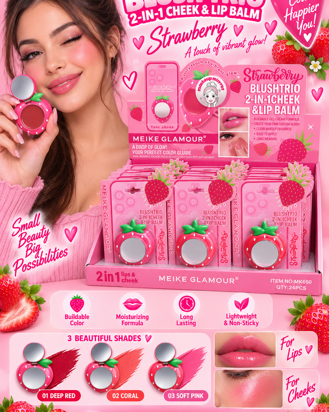 BLUSH-TRIO CHEEK & LIPS  -STICK IT TO YOUR PHONE -MEIKE GLAMOUR-STRAWBERRY -24 PCS -MK653-(L35)