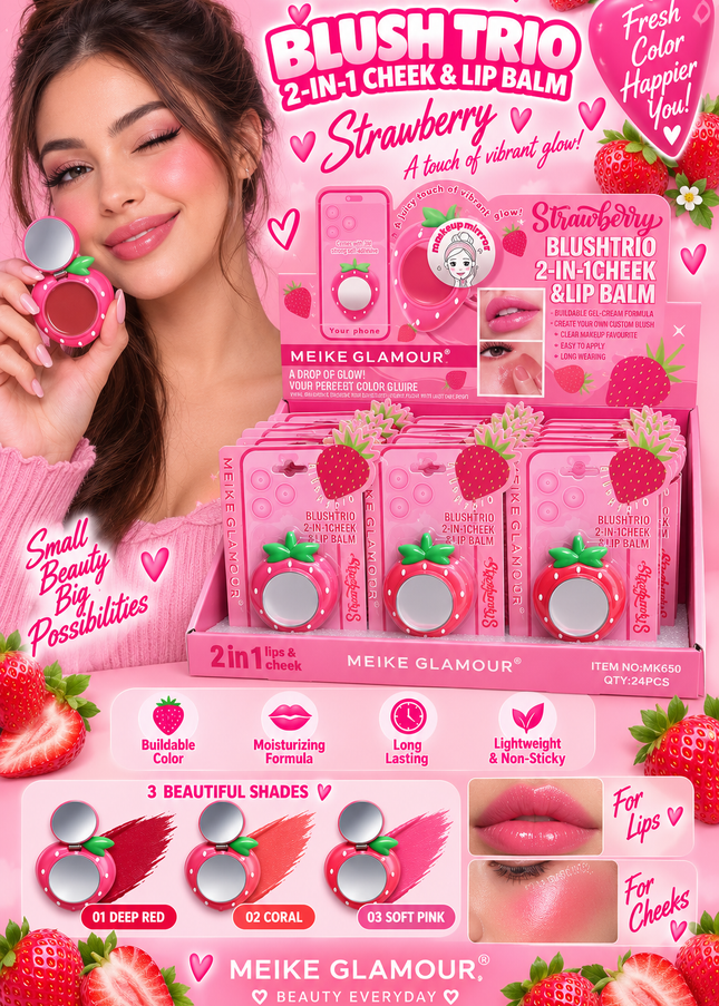 BLUSH-TRIO CHEEK & LIPS  -STICK IT TO YOUR PHONE -MEIKE GLAMOUR-STRAWBERRY -24 PCS -MK653-(L35)