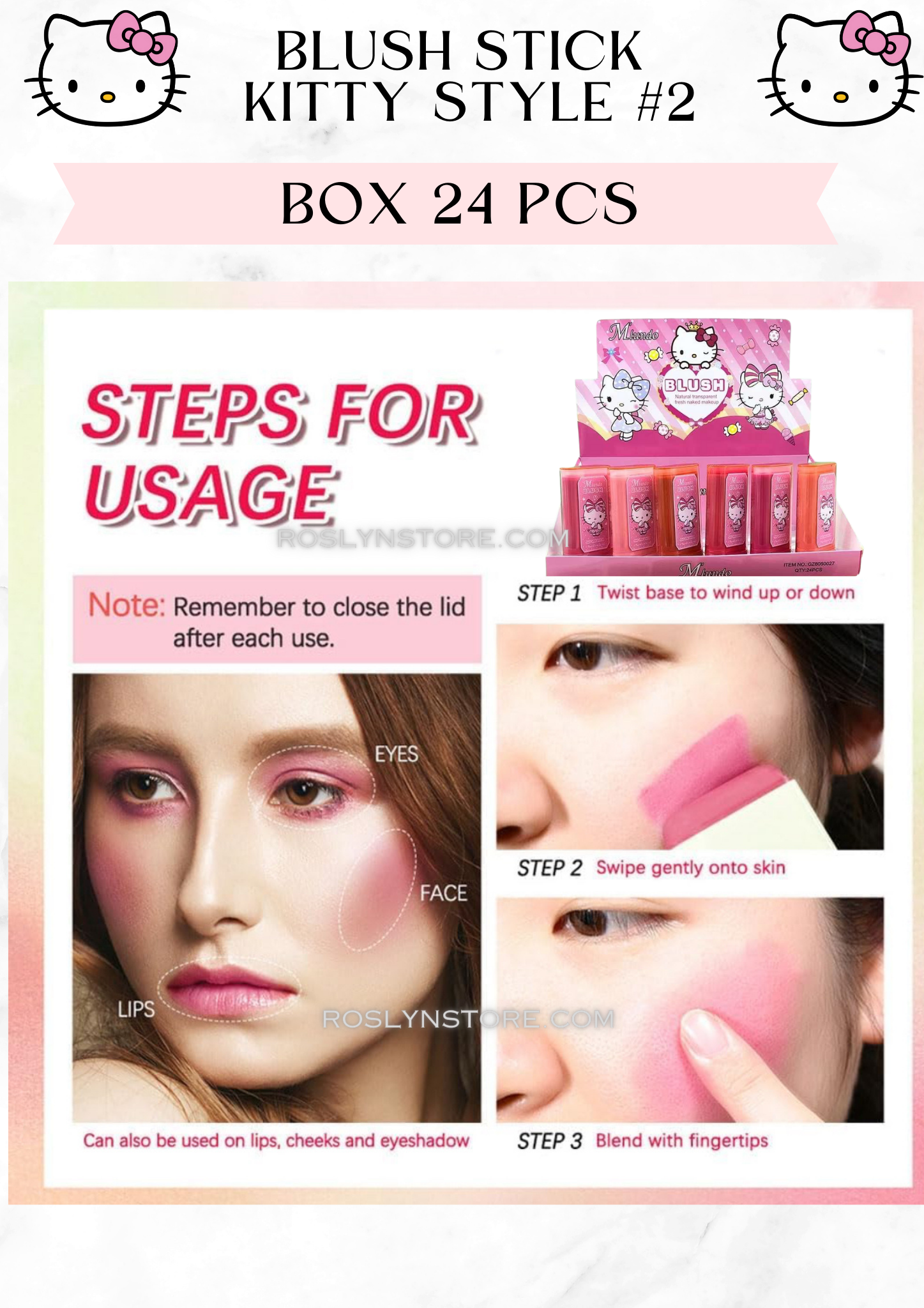 Hello kitty  blush Stick (multi- use) for lips , face & eyes  - (24 pcs box ) style 2