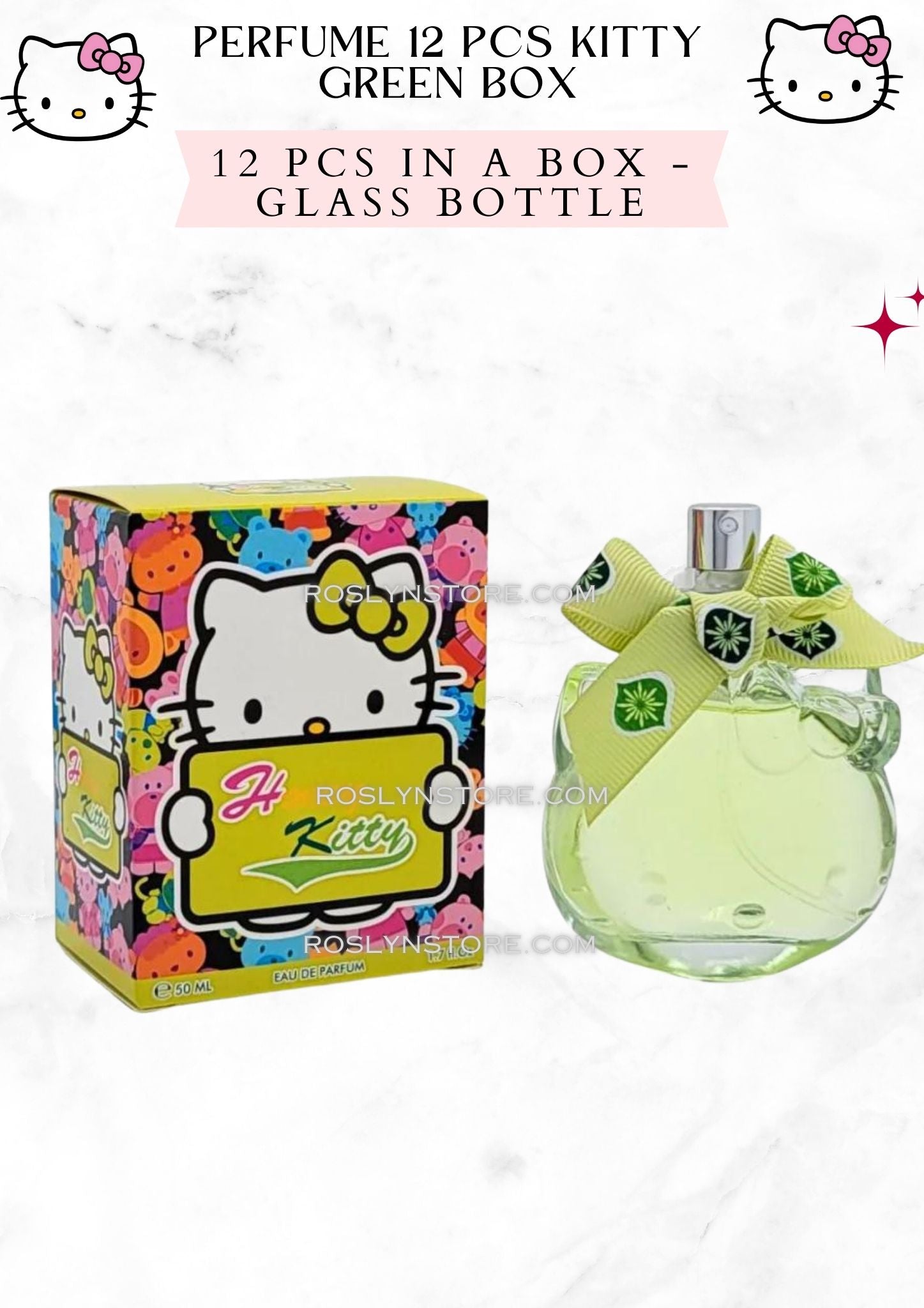 PERFUME KITTY GREEN BOX  - 12 PCS GLASS BOTTLE