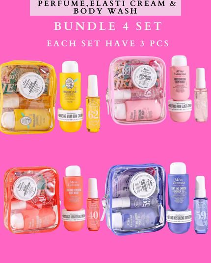 MISS VANESSA TRAVEL SET PERFUME, ELASTI CREAM & BODY WASH (BUNDLE 4 SET )- EACH SET HAVE 3 PCS