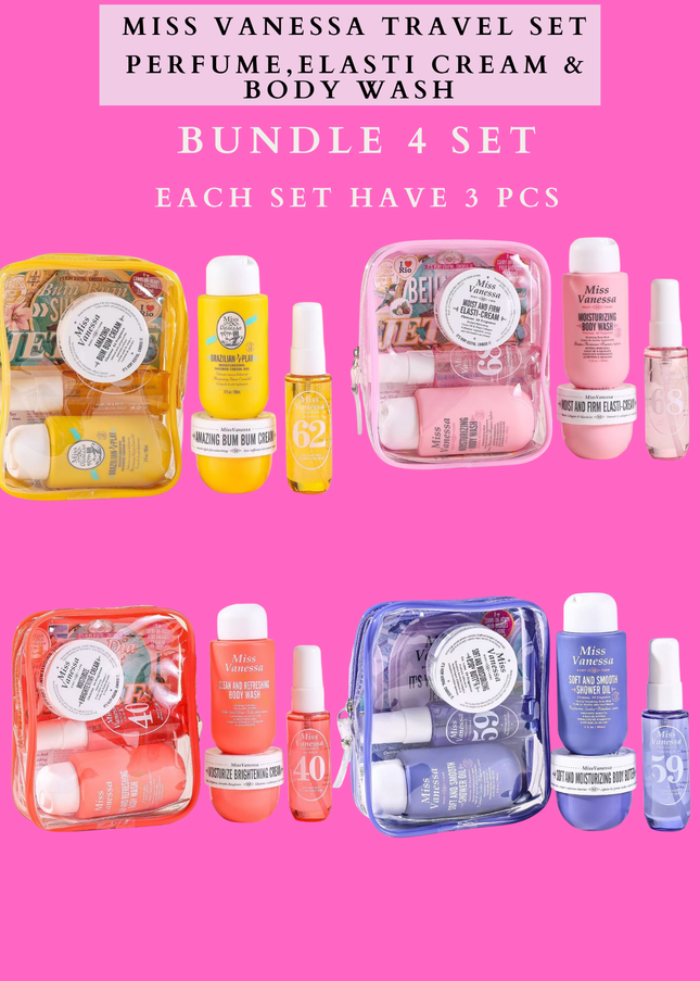 MISS VANESSA TRAVEL SET PERFUME, ELASTI CREAM & BODY WASH (BUNDLE 4 SET )- EACH SET HAVE 3 PCS