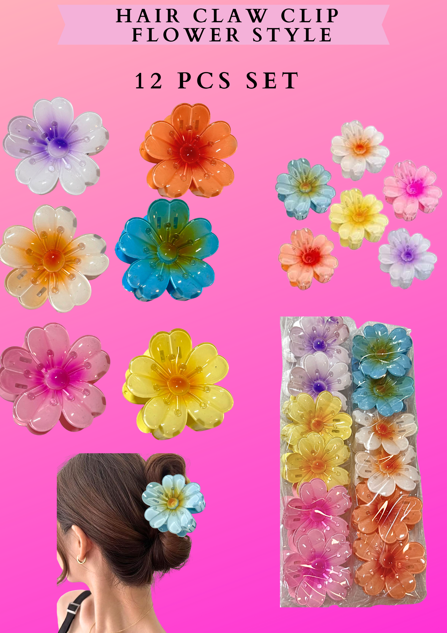 HAIR CLAW CLIP FLOWER STYLE-  12 PCS SET