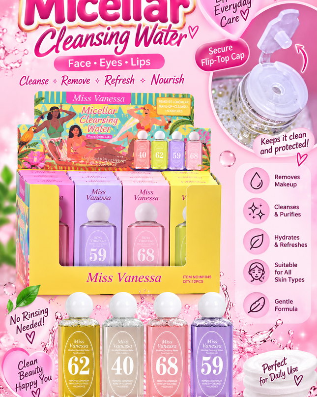 MAKEUP REMOVER-MICELLAR WATER-MIX -MISS VANESSA 12 PCS BOX M1045 (L47)