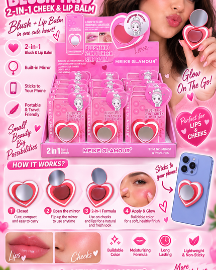 BLUSH-TRIO CHEEK & LIPS  -STICK IT TO YOUR PHONE -MEIKE GLAMOUR-LOVE -24 PCS -MK651-(L37)