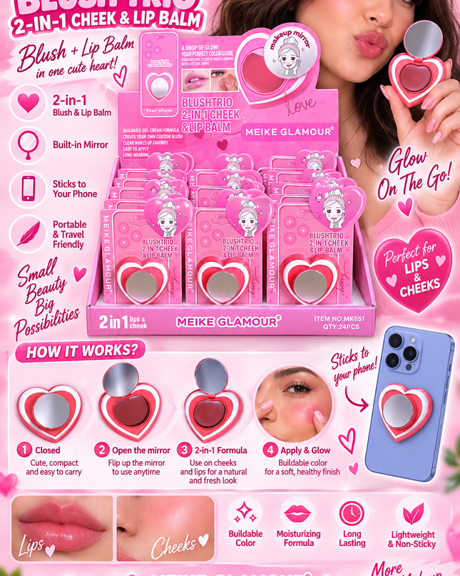 BLUSH-TRIO CHEEK & LIPS  -STICK IT TO YOUR PHONE -MEIKE GLAMOUR-LOVE -24 PCS -MK651-(L37)