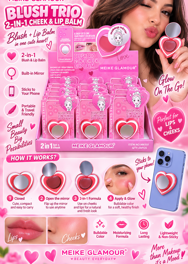 BLUSH-TRIO CHEEK & LIPS  -STICK IT TO YOUR PHONE -MEIKE GLAMOUR-LOVE -24 PCS -MK651-(L37)