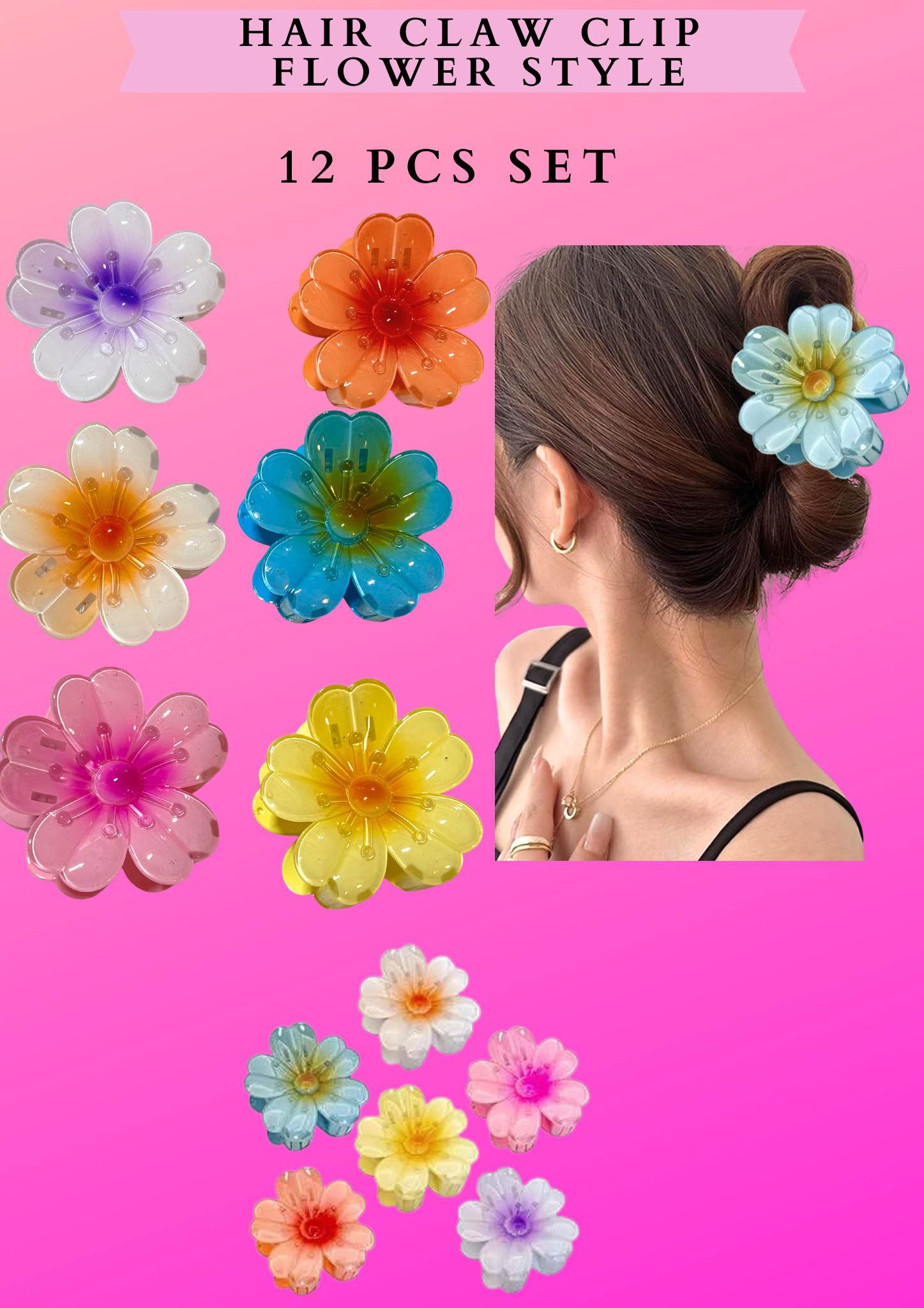 HAIR CLAW CLIP FLOWER STYLE-  12 PCS SET