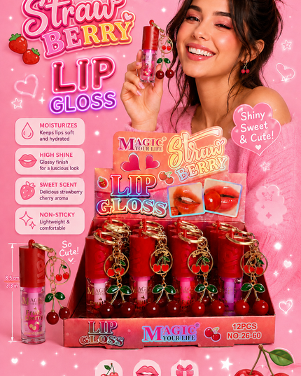 LIPGLOSS CHERRY WITH KEYCHAIN - MAGIC YOUR LIFE-  12 pcs box #2660
