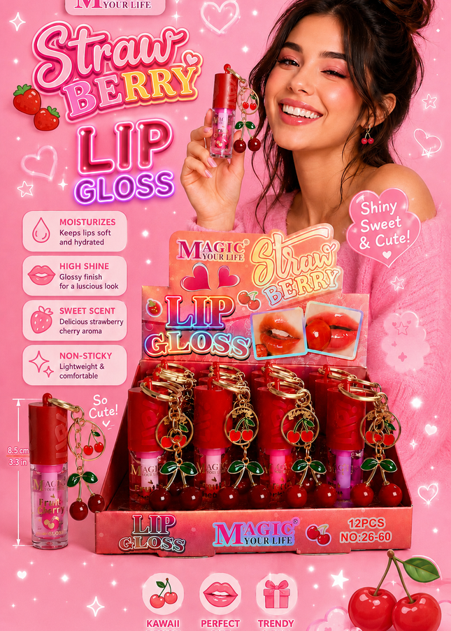 LIPGLOSS CHERRY WITH KEYCHAIN - MAGIC YOUR LIFE-  12 pcs box #2660