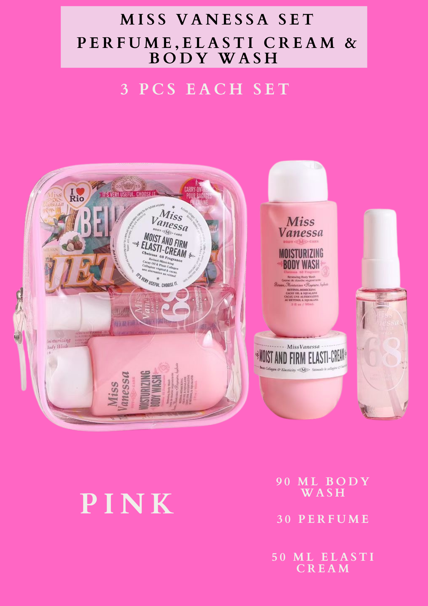 MISS VANESSA TRAVEL SET PERFUME, ELASTI CREAM & BODY WASH (BUNDLE 4 SET )- EACH SET HAVE 3 PCS