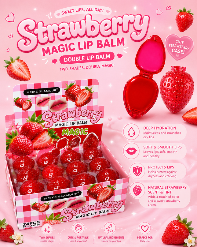 DOUBLE LIP BALM STRAWBERRY MEIKE GLAMOUR -24 PCS BOX (LKC168)