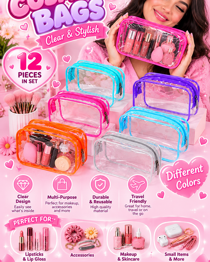 COSMETIC BAGS  MIX COLORS 12 PCS