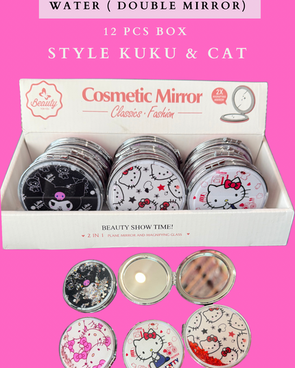 MIRROR WITH GLITTER & WATER (DOUBLE MIRROR) 12 PCS BOX - STYLE KUKU & CAT