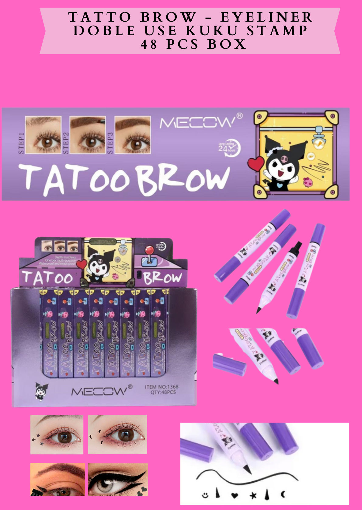TATTO BROW - EYELINER DOBLE USE KUKU STAMP -48 PCS BOX