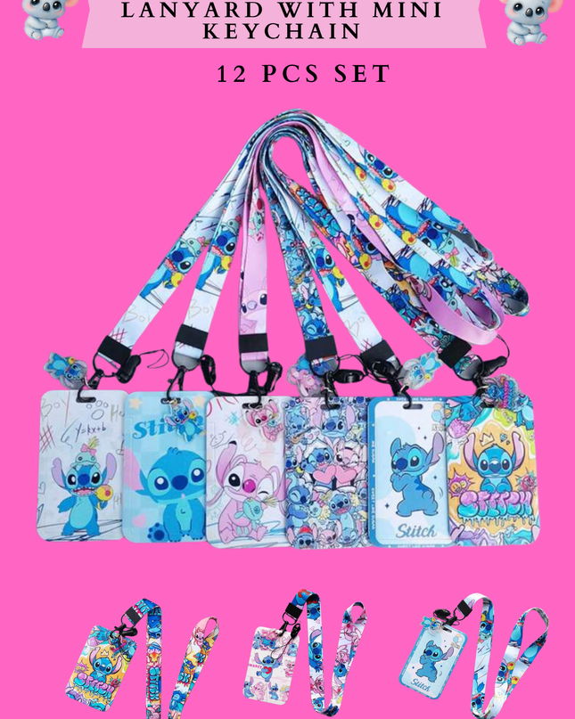STITCH CARD HOLDER LANYARD WITH MINI KEYCHAIN - 12 PCS SET