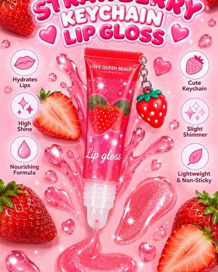 LIP GLOSS -WITH SHIMMER & KEYCHAIN STRAWBERRY -LOVE QUEEN BEAUTY -24 PCS (Cod GQ-19003)