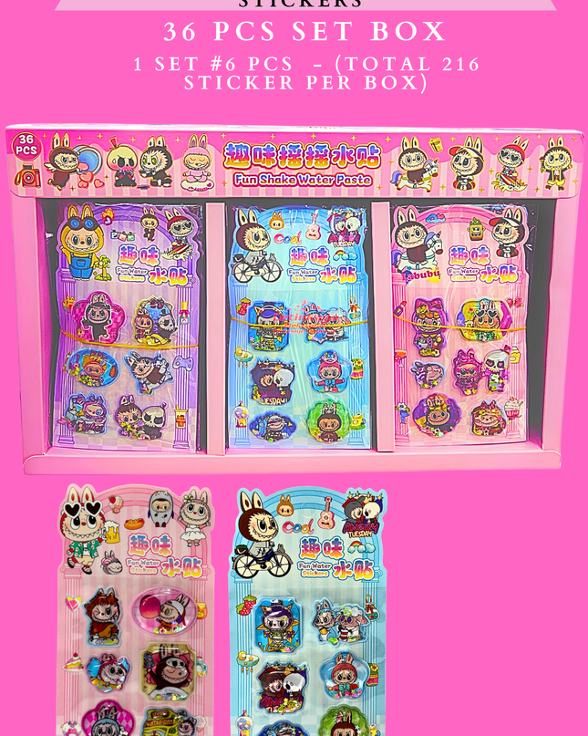 3D LABUBU  GLITTER WATER STICKERS- (36 PCS box) - (TOTAL 216 STICKER PER BOX