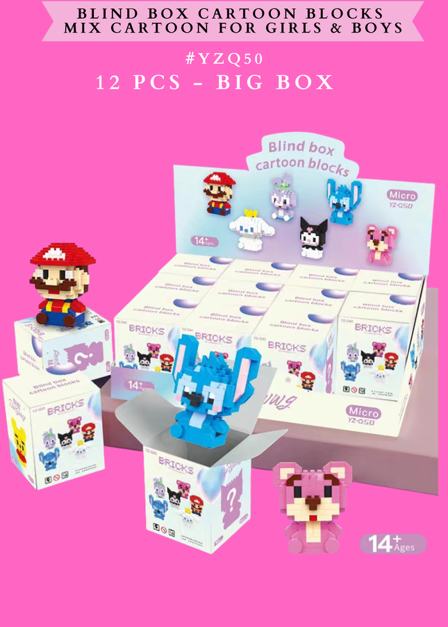 BLIND BOX CARTOON BLOCKS MIX CARTOON FOR GIRLS & BOYS #Y ZQ50 -12 PCS - BIG BOX