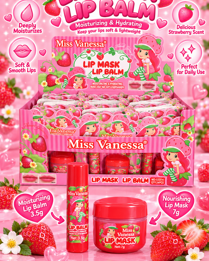 LIP MASK & LIP BALM -STRAWBERRY SHORTCAKE- MISS VANESSA -24PCS-COD (G3314)