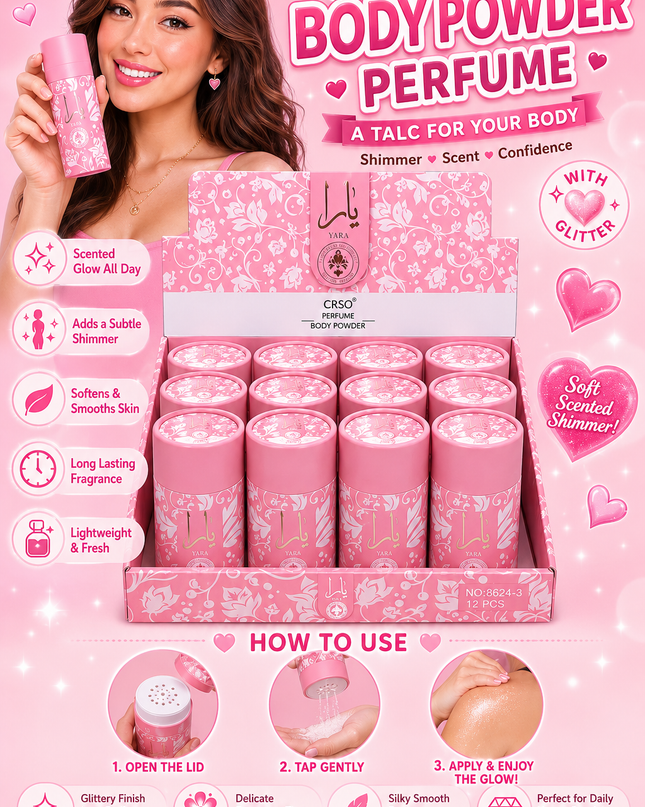 YARA BODY POWDER PERFUME with glitter   POWER- 12 pcs box