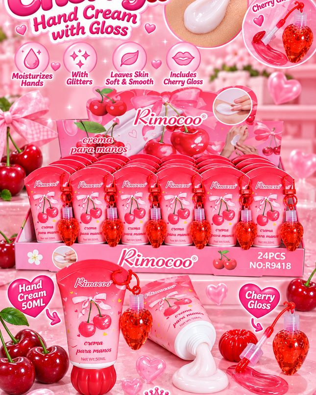 HANDS CREAM WITH LIPGLOSS KEYCHAIN -CHERRY --RIMOCOO-24 PCS-Cod (R9418)