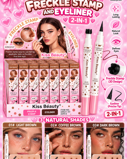 KISS BEAUTY 2 in 1 FRECKLE STAMP & EYELINER black - WATERPROOF- 24 PCS BOX (3colors freckle stamp) (C2)