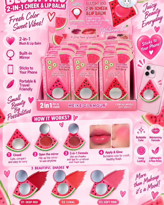 BLUSH-TRIO CHEEK & LIPS -STICK IT TO YOUR PHONE -MEIKE GLAMOUR-WATERMELON -24 PCS -MK652-(L38)