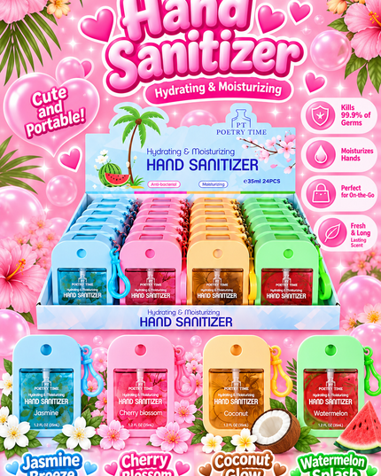 HAND SANITIZER WITH  KEYCHAIN 35 ml- 24 pcs box - POETRY TIME -(blue box)