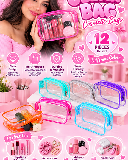 COSMETIC BAGS  MIX COLORS 12 PCS