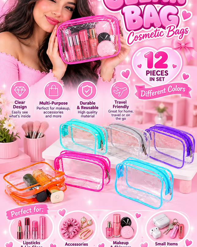 COSMETIC BAGS  MIX COLORS 12 PCS
