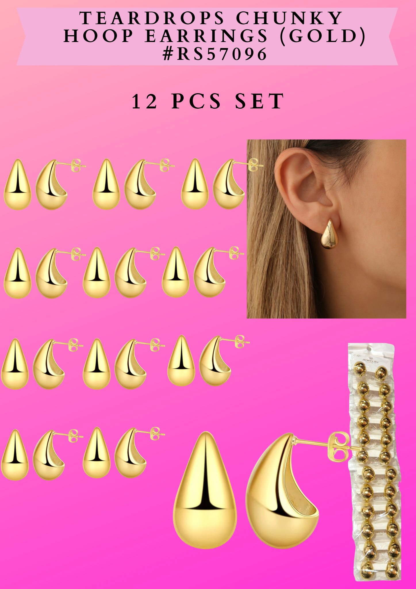TEARDROPS CHUNKY HOOP EARRINGS (GOLD) #RS57096 - 12 PCS SET