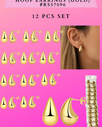 TEARDROPS CHUNKY HOOP EARRINGS (GOLD) #RS57096 - 12 PCS SET