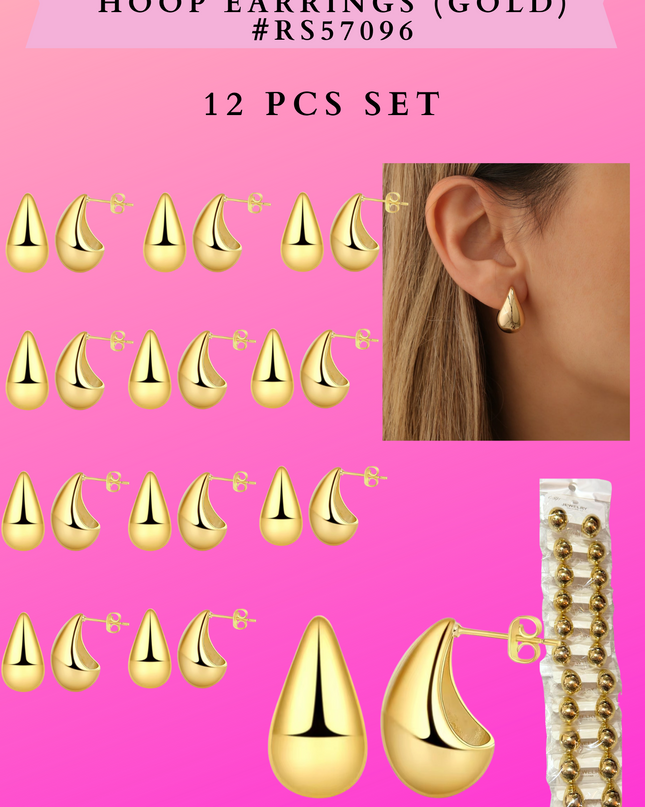 TEARDROPS CHUNKY HOOP EARRINGS (GOLD) #RS57096 - 12 PCS SET