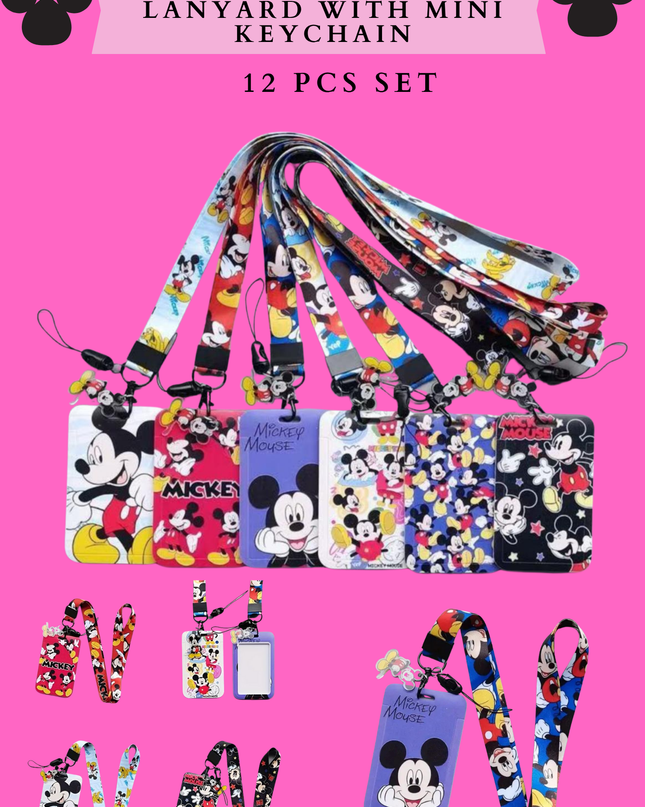 MICKEY CARD HOLDER LANYARD WITH MINI KEYCHAIN - 12 PCS SET