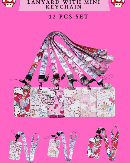 KITTY CARD HOLDER LANYARD WITH MINI KEYCHAIN - 12 PCS SET